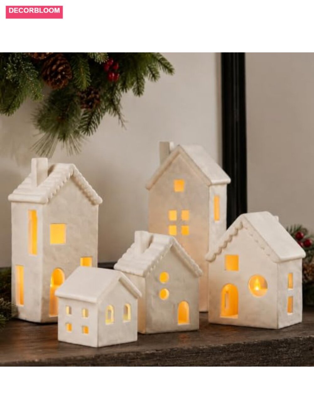 5 Pc Ceramic Christmas Village House Tea Light Candle Holder Set
